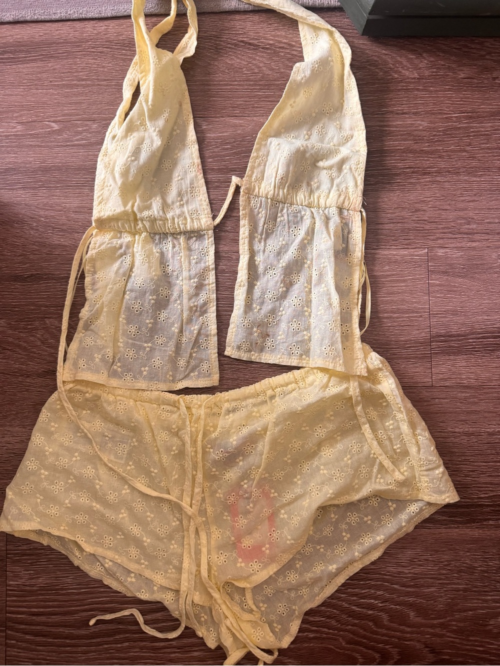 Edikted Pale Yellow Eyelet Halter Crop Top & Shorts Summer Set